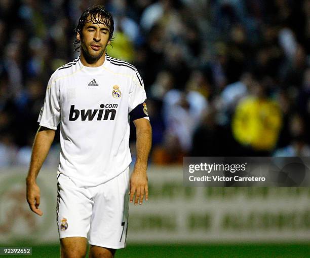 Raul Gonzalez of Real Madrid reacts during the Copa del Rey match between AD Alcorcon and Real Madrid at Municipal de Santo Domingo on October 27,...