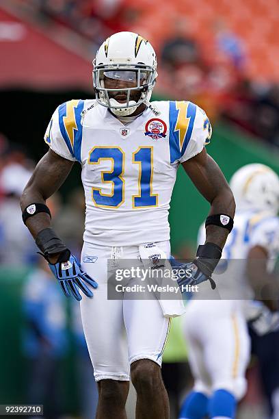 Antonio Cromartie of the San Diego Chargers warms up before a game against the Kansas City Chiefs at Arrowhead Stadium on October 25, 2009 in Kansas...