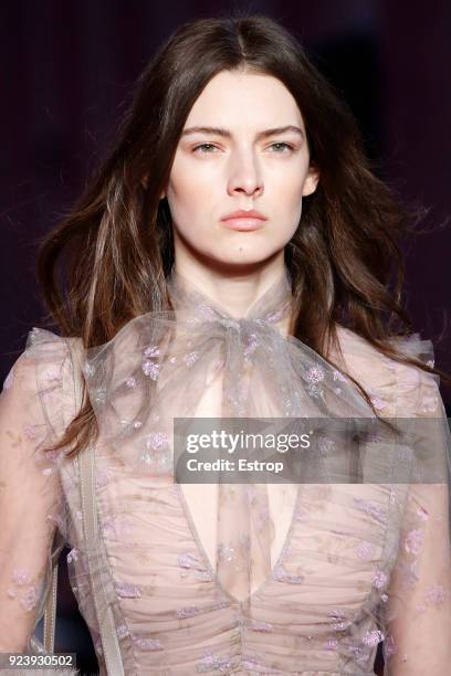 Head Shot detail at the Blumarine show during Milan Fashion Week Fall/Winter 2018/19 on February 23, 2018 in Milan, Italy.