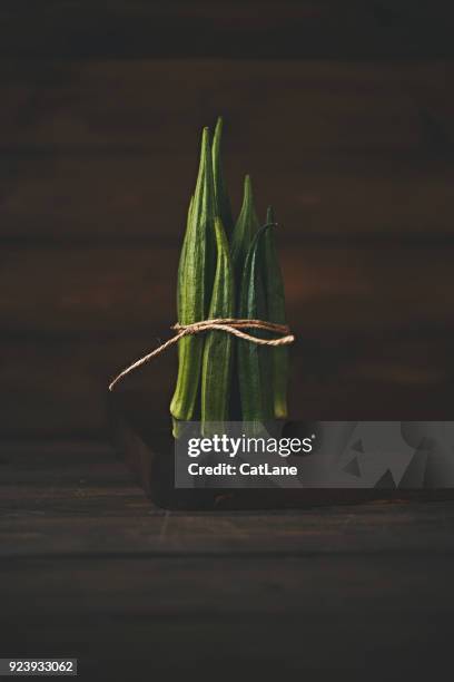 ainda vida de quiabo empacotado, um tiro no escuro luz temperamental - okra - fotografias e filmes do acervo