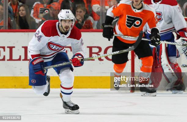 Phillip Danault of the Montreal Canadiens skates against the Philadelphia Flyers on February 20, 2018 at the Wells Fargo Center in Philadelphia,...