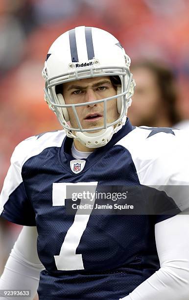 Quarterback Stephen McGee of the Dallas Cowboys looks on during warm-up prior to the NFL game against the Kansas City Chiefs at Arrowhead Stadiumin...