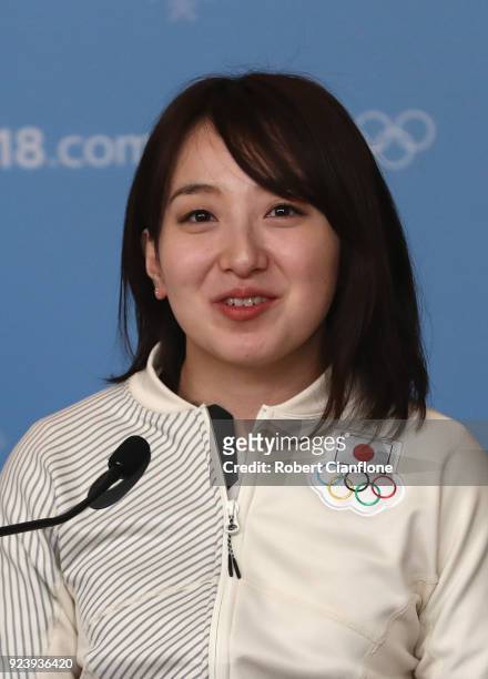 Satsuki Fujisawa of Japan speaks to the media during a Japan Women's Curling team press conference on day sixteen of the PyeongChang 2018 Winter...