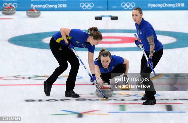 Sofia Mabergs of Sweden delivers a stone during the Women's Gold Medal Game between Sweden and Korea on day sixteen of the PyeongChang 2018 Winter...
