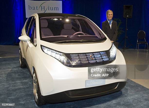 The BlueCar, a small electric car designed by the battery manufacturer BatScap, part of the Bollore Group, is seen on October 27, 2009 in...