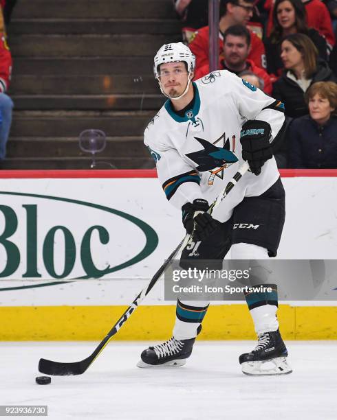 San Jose Sharks defenseman Justin Braun controls the puck during a game between the Chicago Blackhawks and the San Jose Sharks on February 23 at the...