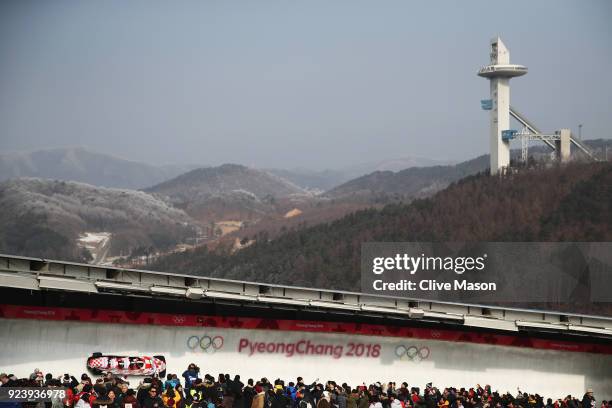 Drazen Silic, Benedikt Nikpalj, Mate Mezulic and Antonio Zelic of Croatia make a run during the 4-man Boblseigh Heats on day sixteen of the...