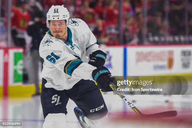 San Jose Sharks defenseman Justin Braun warms up prior to a game between the Chicago Blackhawks and the San Jose Sharks on February 23 at the United...