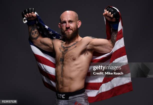 Brian Kelleher poses for a portrait backstage after his victory over Renan Barao of Brazil during the UFC Fight Night event at Amway Center on...