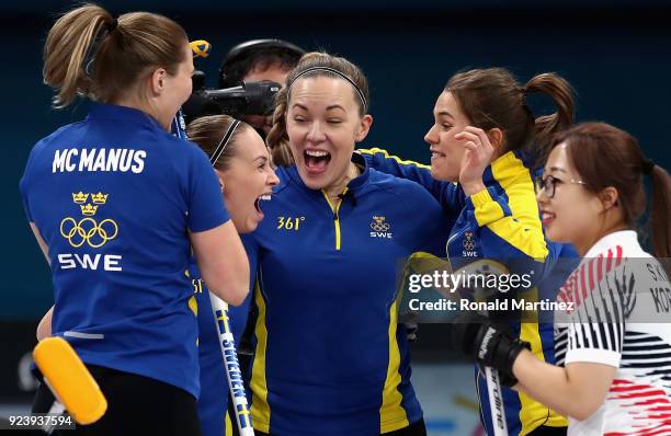 Winners of the gold medal, Sofia Mabergs, Agnes Knochenhauer, Sara McManus and Anna Hasselborg of Sweden celebrate following the Women's Gold Medal...