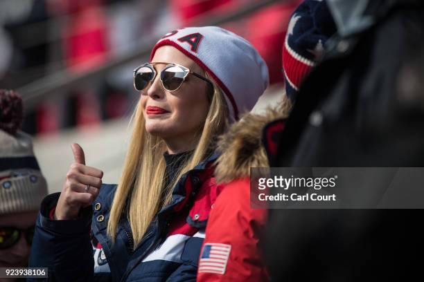 Ivanka Trump gestures as she attends the 4-man Boblseigh on day sixteen of the PyeongChang 2018 Winter Olympic Games at Olympic Sliding Centre on...