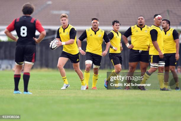 Jordie Barrett of the Hurricanes looks to kick the ball during the match between the Crusaders Knights and the Hurricanes development team on...