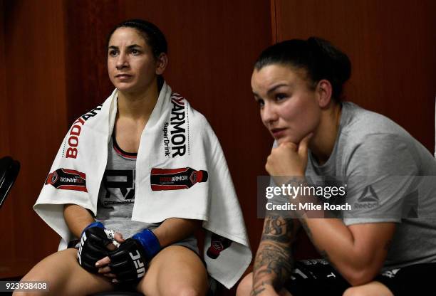 Tecia Torres relaxes backstage with girlfriend Raquel Pennington prior to her bout against Jessica Andrade of Brazil during the UFC Fight Night event...