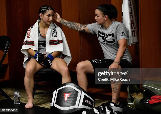 Tecia Torres relaxes backstage with girlfriend Raquel Pennington prior to her bout against Jessica Andrade of Brazil during the UFC Fight Night event...