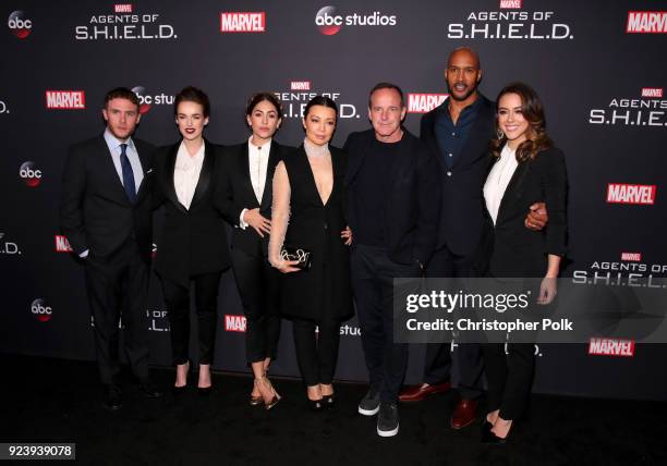 Iain De Caestecker, Elizabeth Henstridge, Natalia Cordova-Buckley, Ming-Na Wen, Clark Gregg, Henry Simmons and Chloe Bennet attend the 100th episode...