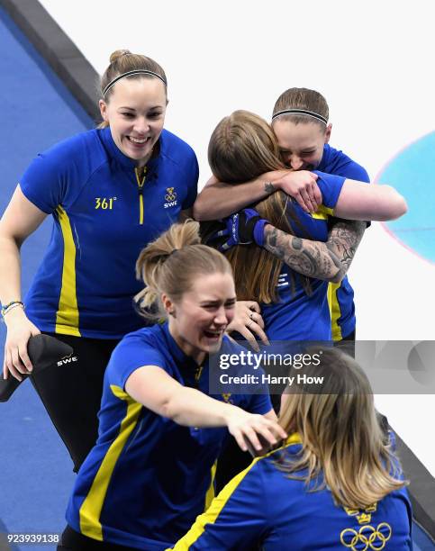 Winners of the gold medal, Sofia Mabergs, Agnes Knochenhauer, Sara McManus and Anna Hasselborg of Sweden celebrate following the Women's Gold Medal...