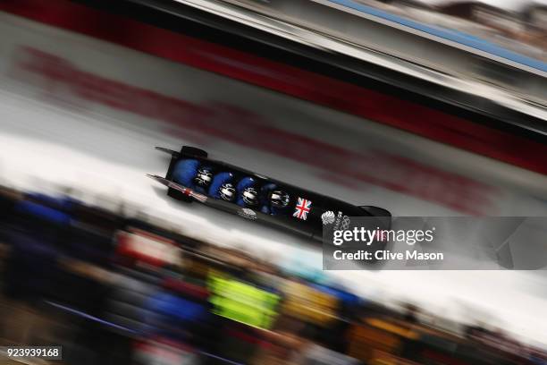 Brad Hall, Nick Gleeson, Joel Fearon and Greg Cackett of Great Britain make a final run during the 4-man Boblseigh Heats on day sixteen of the...