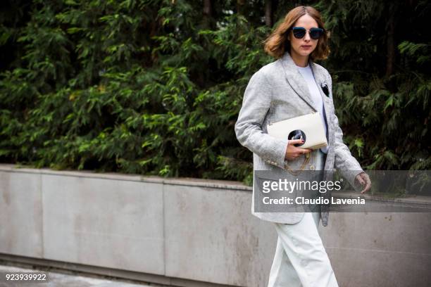 Candela Novembre in Armani total look is seen outside Giorgio Armani show during Milan Fashion Week Fall/Winter 2018/19 on February 24, 2018 in...