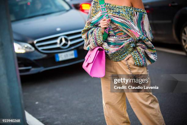 Veronica Ferraro fashion details are seen outside Missoni show during Milan Fashion Week Fall/Winter 2018/19 on February 24, 2018 in Milan, Italy.