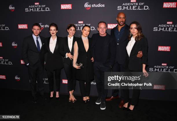 Iain De Caestecker, Elizabeth Henstridge, Natalia Cordova-Buckley, Ming-Na Wen, Clark Gregg, Henry Simmons and Chloe Bennet attend the 100th episode...