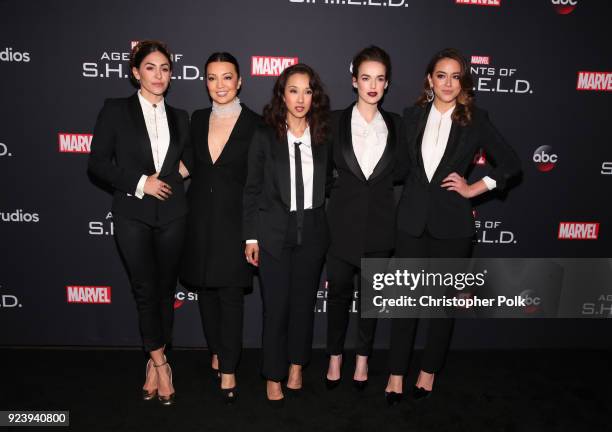 Natalia Cordova-Buckley, Ming-Na Wen, Maurissa Tancharoen, Elizabeth Henstridge and Chloe Bennet attend the 100th episode celebration of ABC's...