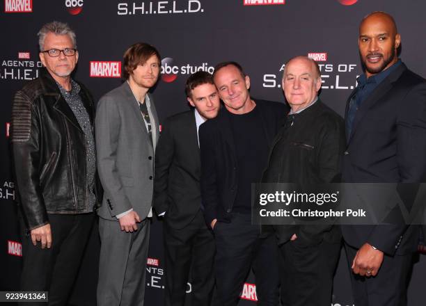 Jeffrey Bell, Jed Whedon, Iain De Caestecker, Clark Gregg, Jeph Loeb and Henry Simmons attend the 100th episode celebration of ABC's "Marvel's Agents...