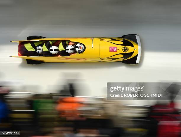 Germany's Francesco Friedrich leads his team in the 4-man bobsleigh heat 4 final run during the Pyeongchang 2018 Winter Olympic Games, at the Olympic...