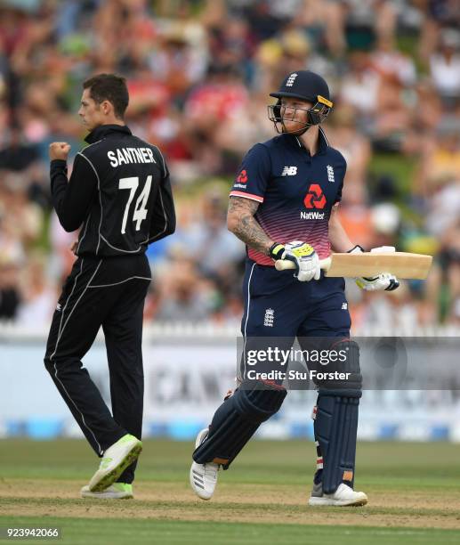 England batsman Ben Stokes reacts after being dismissed by Mitchell Santner during the 1st ODI between New Zealand and England at Seddon Park on...