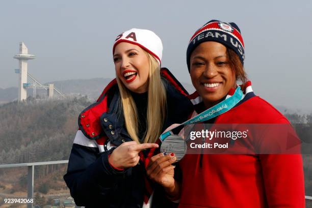 Ivanka Trump and Team USA bobsled silver medalist Lauren Gibbs pose on day sixteen of the PyeongChang 2018 Winter Olympic Games at Olympic Sliding...