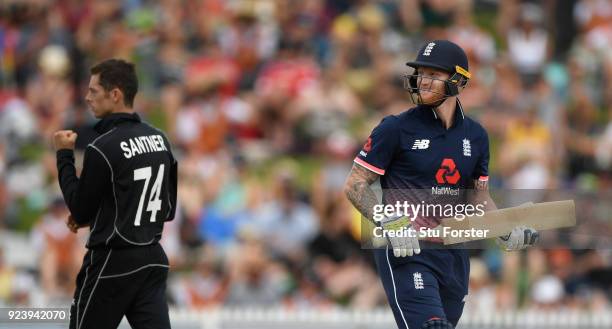 England batsman Ben Stokes reacts after being dismissed by Mitchell Santner during the 1st ODI between New Zealand and England at Seddon Park on...