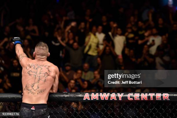 Jeremy Stephens celebrates after his knockout victory over Josh Emmett in their featherweight bout during the UFC Fight Night event at Amway Center...