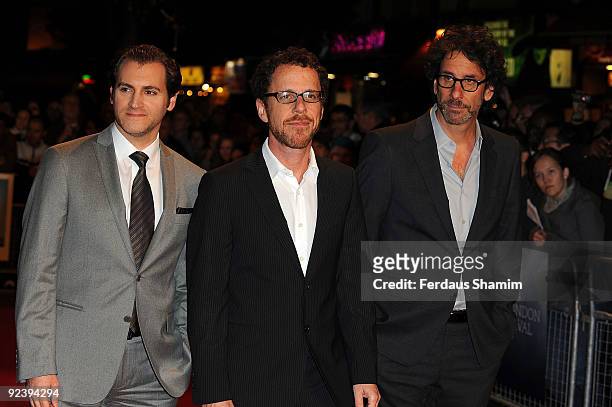 Actor Michael Stuhlbarg and directors Ethan Coen and Joel Coen attend the screening of 'A Serious Man' during The Times BFI London Film Festival at...