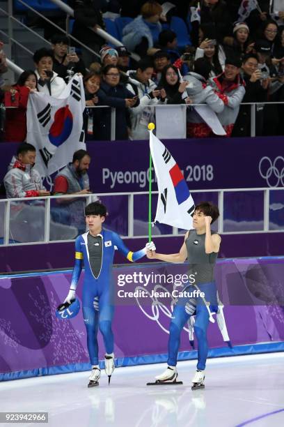 Seung-Hoon Lee of Korea celebrates his victory with Jaewon Chung of Korea following the Speed Skating Men's Mass Start Final on day fifteen of the...