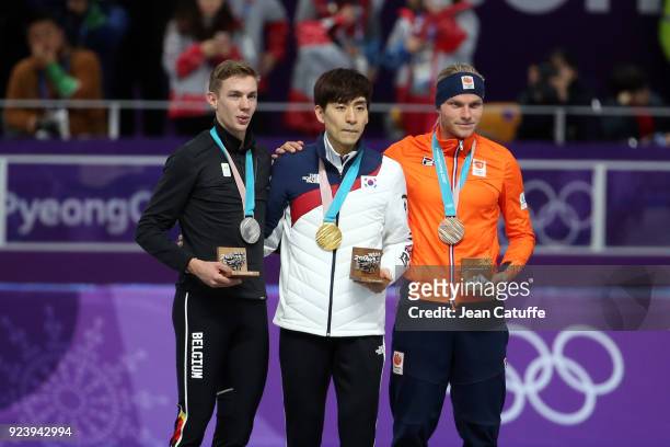 Silver medalist Bart Swings of Belgium, Gold medalist Seung-Hoon Lee of Korea and Bronze medalist Koen Verweij of the Netherlands during ceremony...