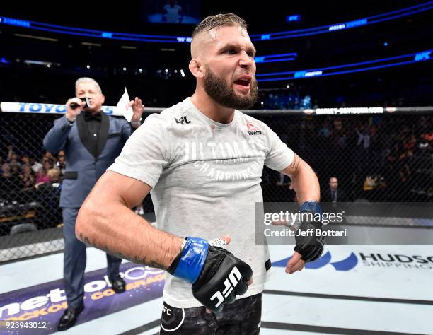 Jeremy Stephens celebrates after his knockout victory over Josh Emmett in their featherweight bout during the UFC Fight Night event at Amway Center...