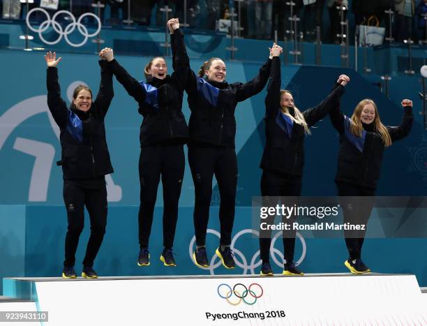 Winners of the gold medal, Jennie Waahlin, Sofia Mabergs, Agnes Knochenhauer, Sara McManus and Anna Hasselborg of Sweden celebrate following the...