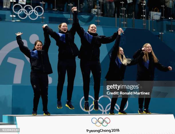 Winners of the gold medal, Jennie Waahlin, Sofia Mabergs, Agnes Knochenhauer, Sara McManus and Anna Hasselborg of Sweden celebrate following the...