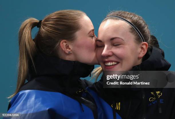 Gold medalists, Sara McManus of Sweden and Agnes Knochenhauer of Sweden celebrate during the Women's Gold Medal Game between Sweden and Korea on day...