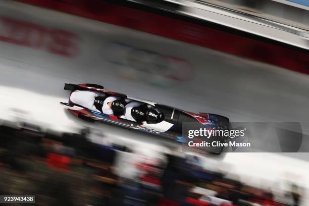 Codie Bascue, Evan Weinstock, Steven Langton and Samuel McGuffie of the United States compete in their final run during the 4-man Boblseigh Heats on...