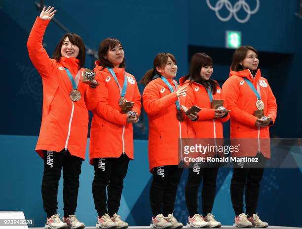 Winners of the bronze medal, Satsuki Fujisawa, Chinami Yoshida, Yumi Suzuki, Yurika Yoshida and Mari Motohashi of Japan celebrate on the podium...