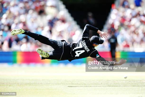 Mitchell Santner of New Zealand goes for a catch in mid air during game one in the One Day International series between New Zealand and England at...