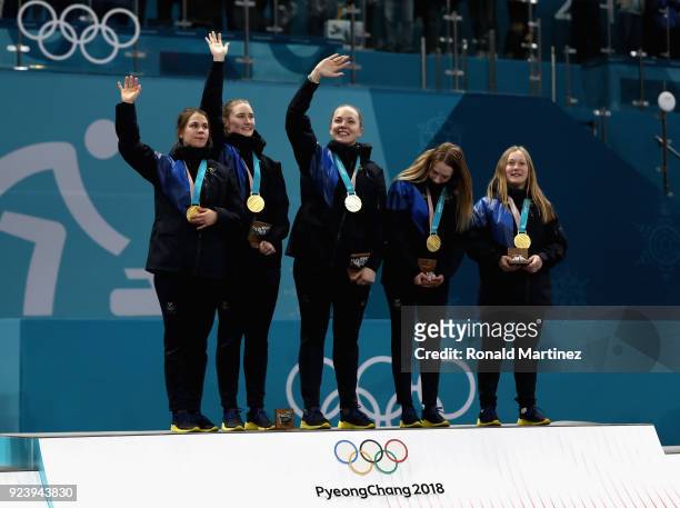 Winners of the gold medal, Jennie Waahlin, Sofia Mabergs, Agnes Knochenhauer, Sara McManus and Anna Hasselborg of Sweden celebrate on the podium...