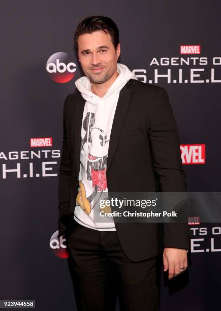 Brett Dalton attends the 100th episode celebration of ABC's "Marvel's Agents of S.H.I.E.L.D." at OHM Nightclub on February 24, 2018 in Hollywood,...