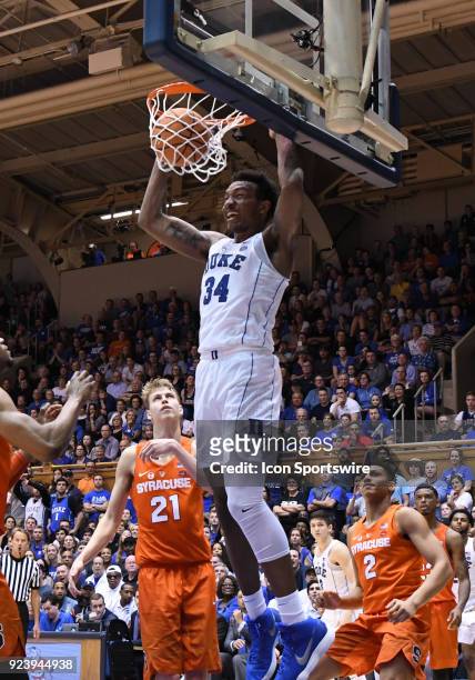 Duke Blue Devils forward Wendell Carter Jr finished the dunk during the men's college basketball game between the Syracuse Orange and the Duke Blue...