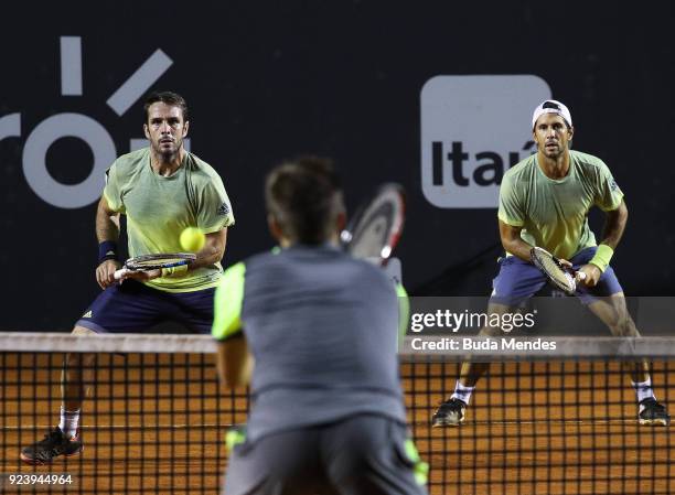 Nikola Mektic of Croatia returns a shot to David Marrero and Fernando Verdasco of Spain during the doubles final of the ATP Rio Open 2018 at Jockey...