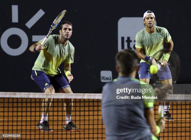 Nikola Mektic of Croatia returns a shot to David Marrero and Fernando Verdasco of Spain during the doubles final of the ATP Rio Open 2018 at Jockey...