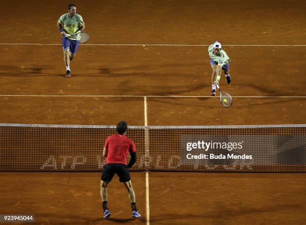 David Marrero and Fernando Verdasco of Spain returns a shot to Alexander Peya of Austria and Nikola Mektic of Croatia during the doubles final of the...