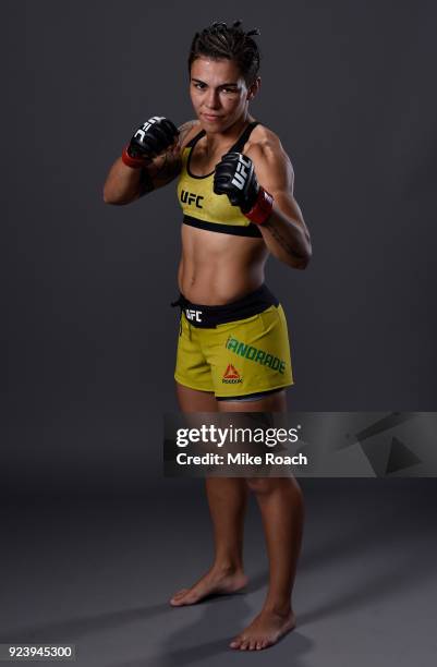 Jessica Andrade of Brazil poses for a portrait backstage after her victory over Tecia Torres during the UFC Fight Night event at Amway Center on...