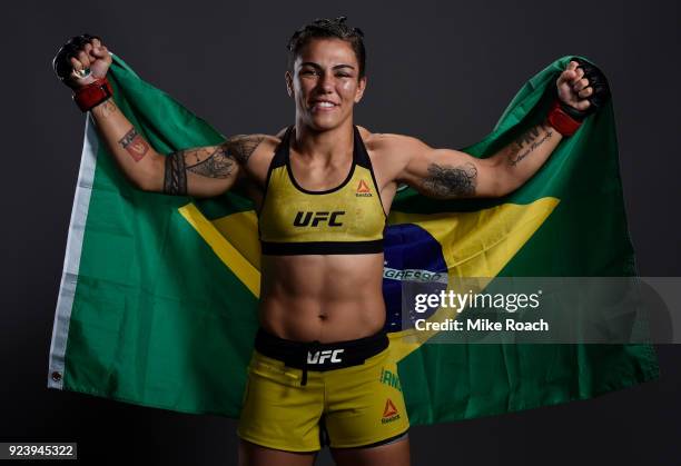 Jessica Andrade of Brazil poses for a portrait backstage after her victory over Tecia Torres during the UFC Fight Night event at Amway Center on...