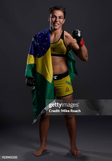 Jessica Andrade of Brazil poses for a portrait backstage after her victory over Tecia Torres during the UFC Fight Night event at Amway Center on...